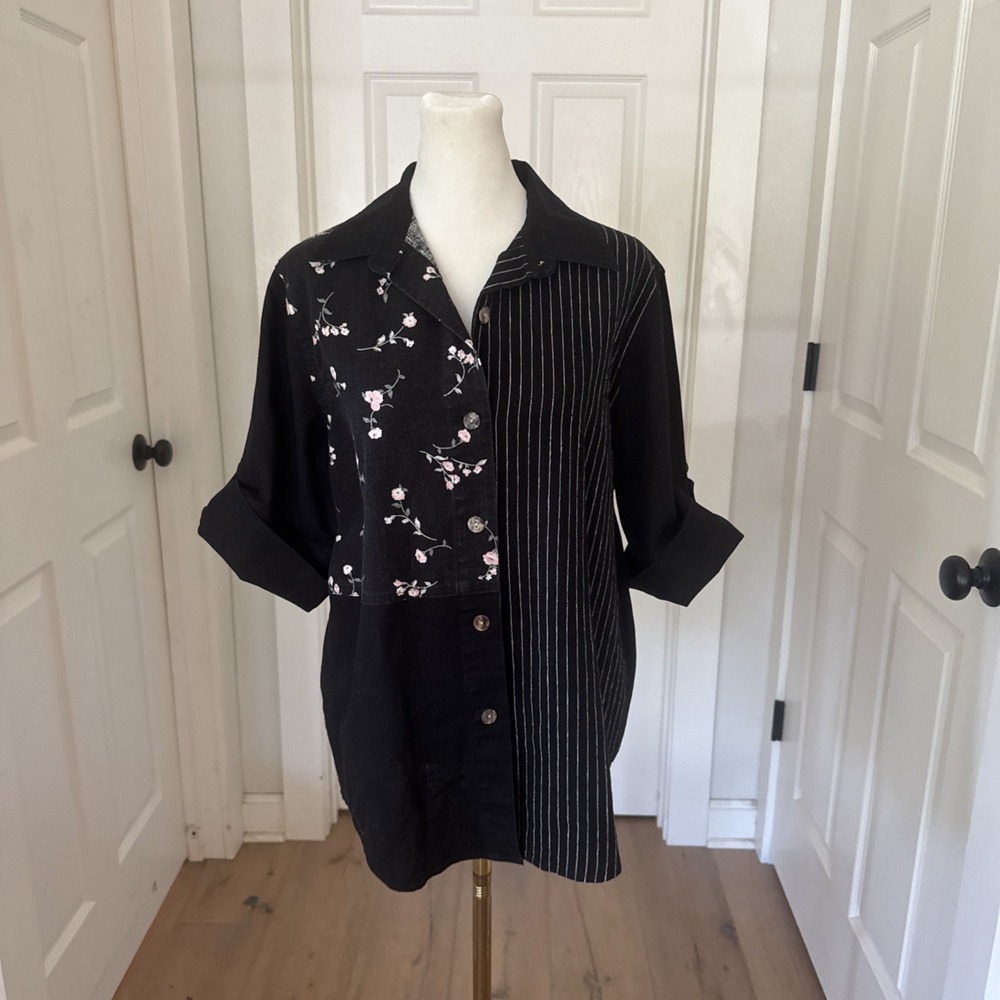 True Vtg CM Shapes Linen Black‎ Floral Button Up Short Sleeve Tunic Top Blouse S